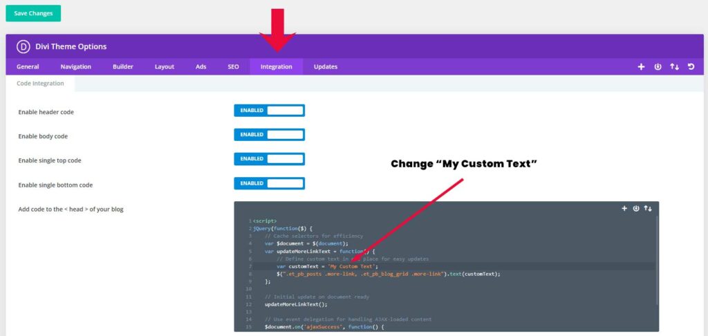 Add code snippet into Divi to change the Read More text for the blog module