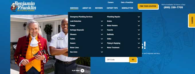 Benjamin Franklin Plumbing clear services navigation
