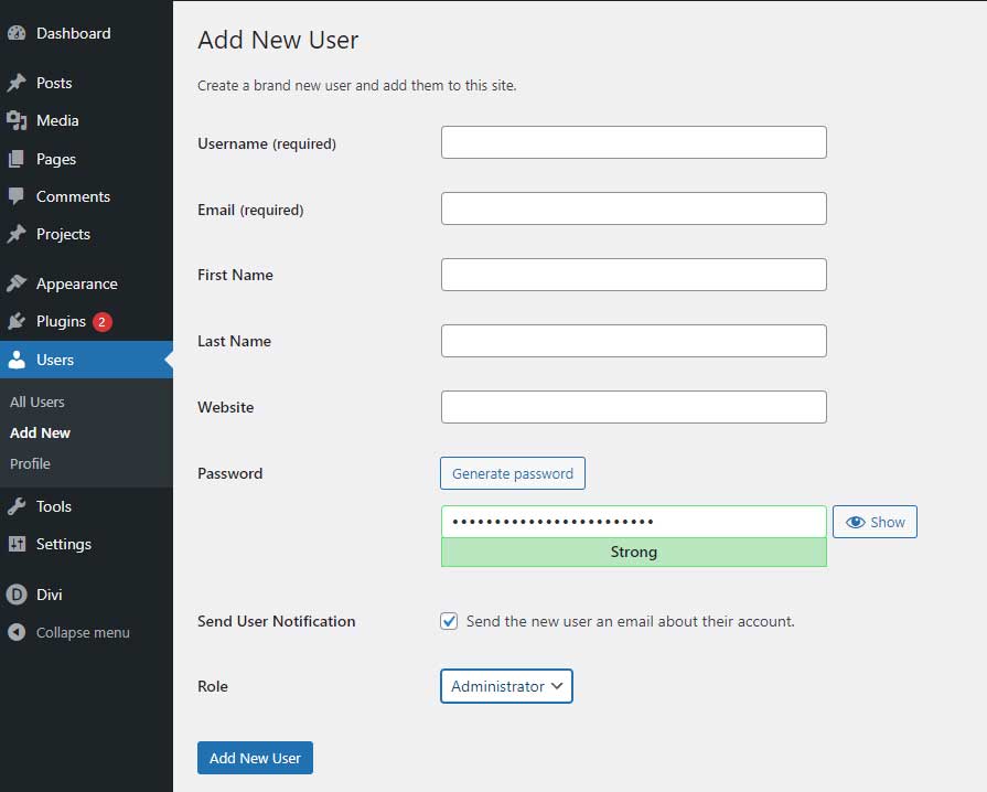 Using the WordPress dashboard to create a new username