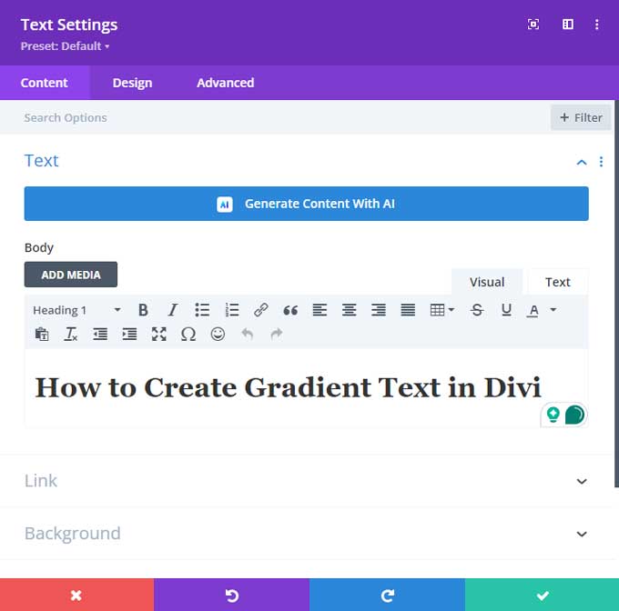 Divi text module with a h1 titl