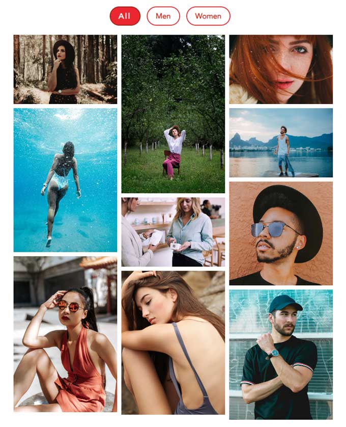 Example of masonry gallery with top navigation