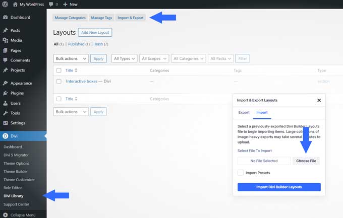 Import in the Divi library