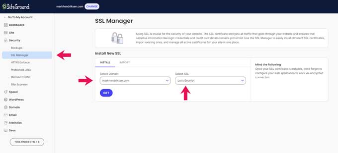 Install SSL in SiteGround