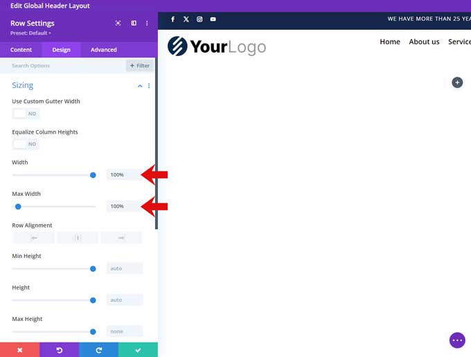 Set row to 100 percent
